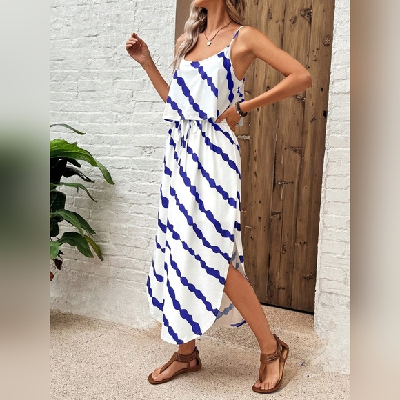 Tie-Dye Black & White Striped Midi Dress With Ruffled Hem And Drawstring Waist F - Picture 4 of 5